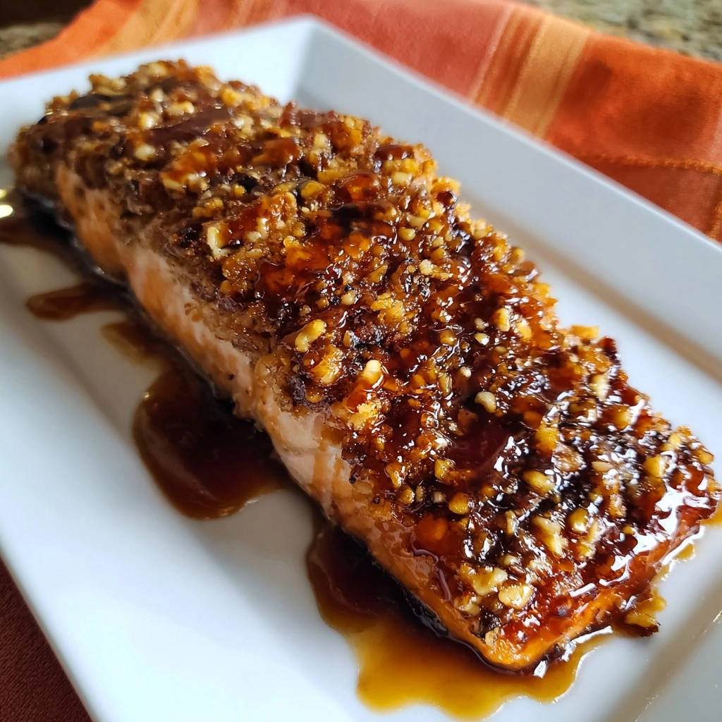 Glazed pecan salmon with a detailed view of the nutty, glistening crust on a white plate.
