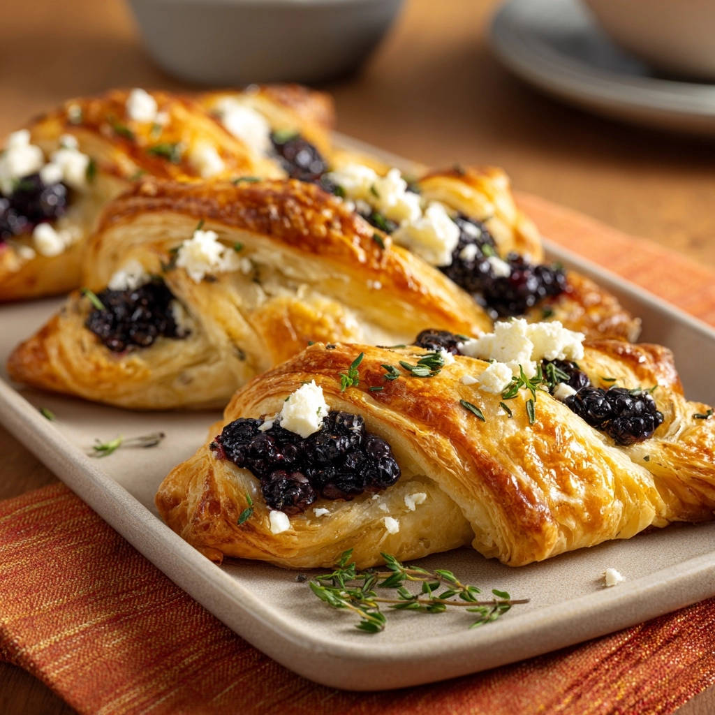 Golden berry and goat cheese twists, a close-up view highlighting the flaky pastry, dark berry filling, and crumbled white cheese topping.