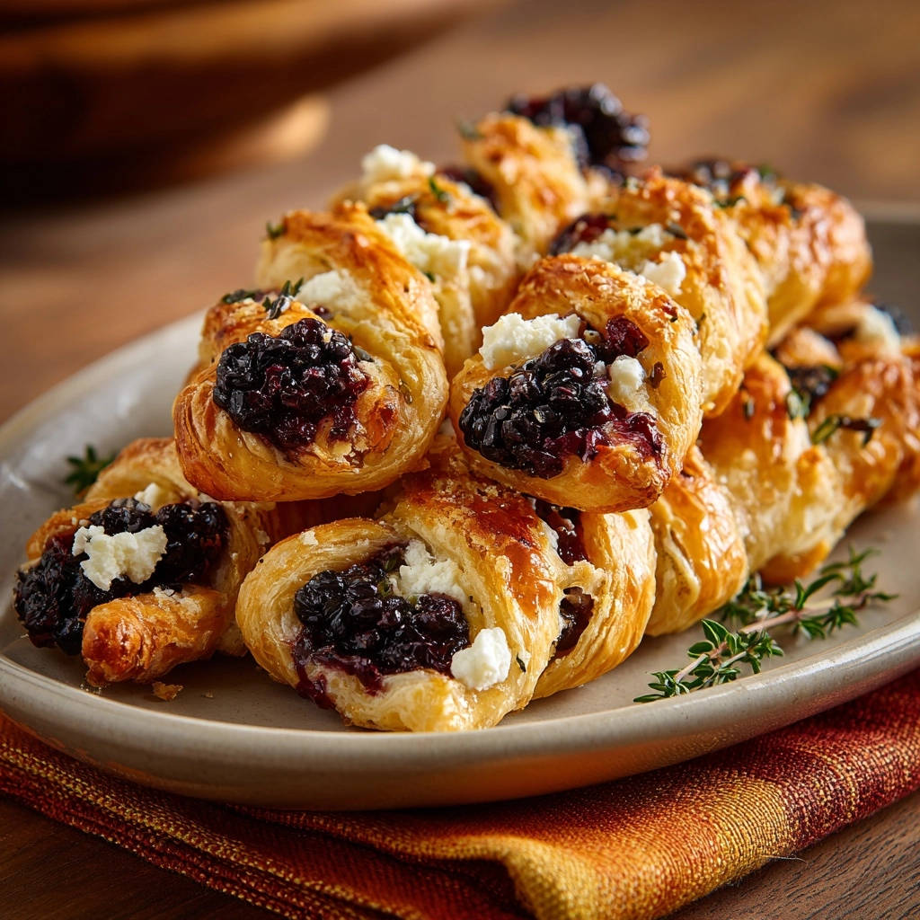 Golden berry and goat cheese twists served in a close-up pile on a plate with fresh thyme.