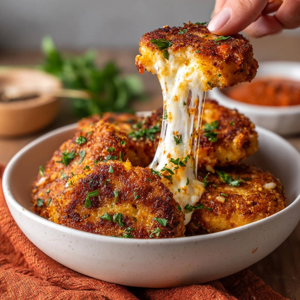 Golden cheesy potato bites showing a mouthwatering gooey cheese pull as one is lifted from the bowl.