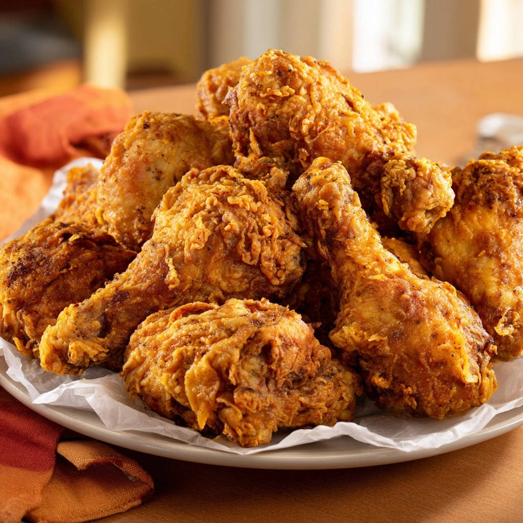 Golden crispy fried chicken served in a generous pile, showcasing the textured coating and drumstick shapes.