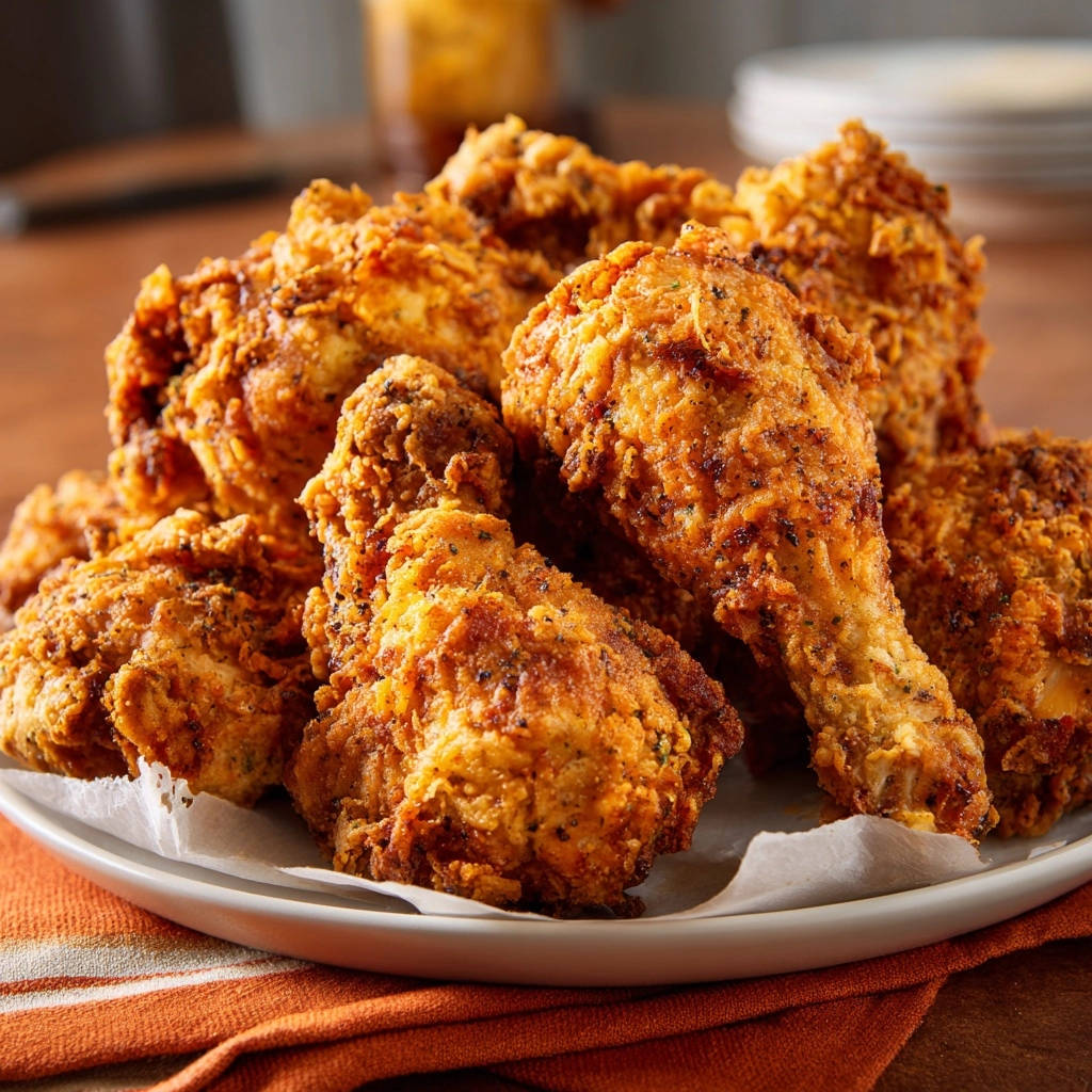 Golden crispy fried chicken piled high on a white plate with an orange napkin.