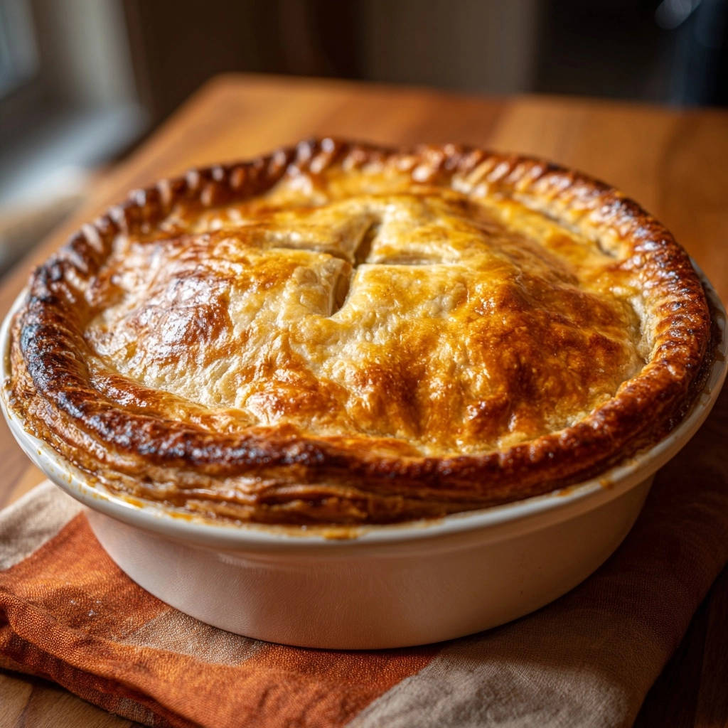 Golden crust chicken pot pie with a beautifully baked, golden-brown flaky top, presented in a white dish.