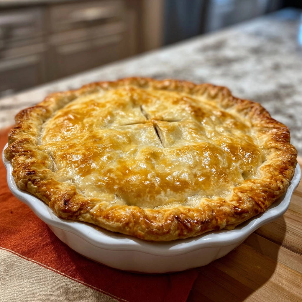 Golden crust chicken pot pie, a whole baked pie with a golden brown flaky crust and visible steam.