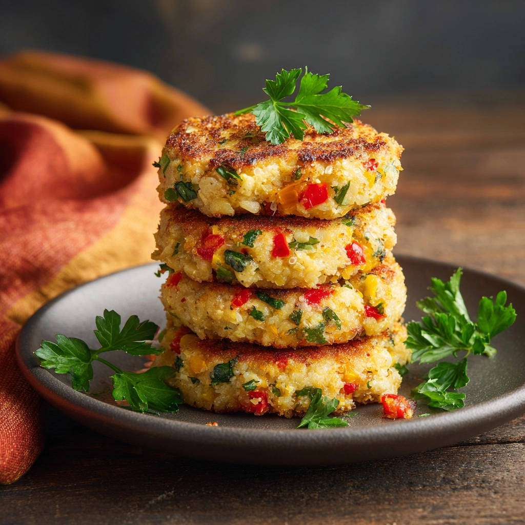 Golden fish and veggie patties stacked on a dark plate, garnished with fresh parsley sprigs.