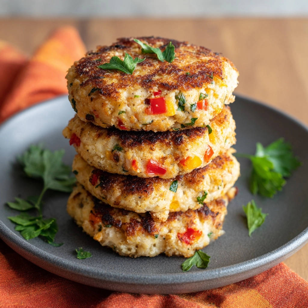 Golden fish & veggie patties stacked high on a grey plate, garnished with parsley, showcasing a colorful interior.
