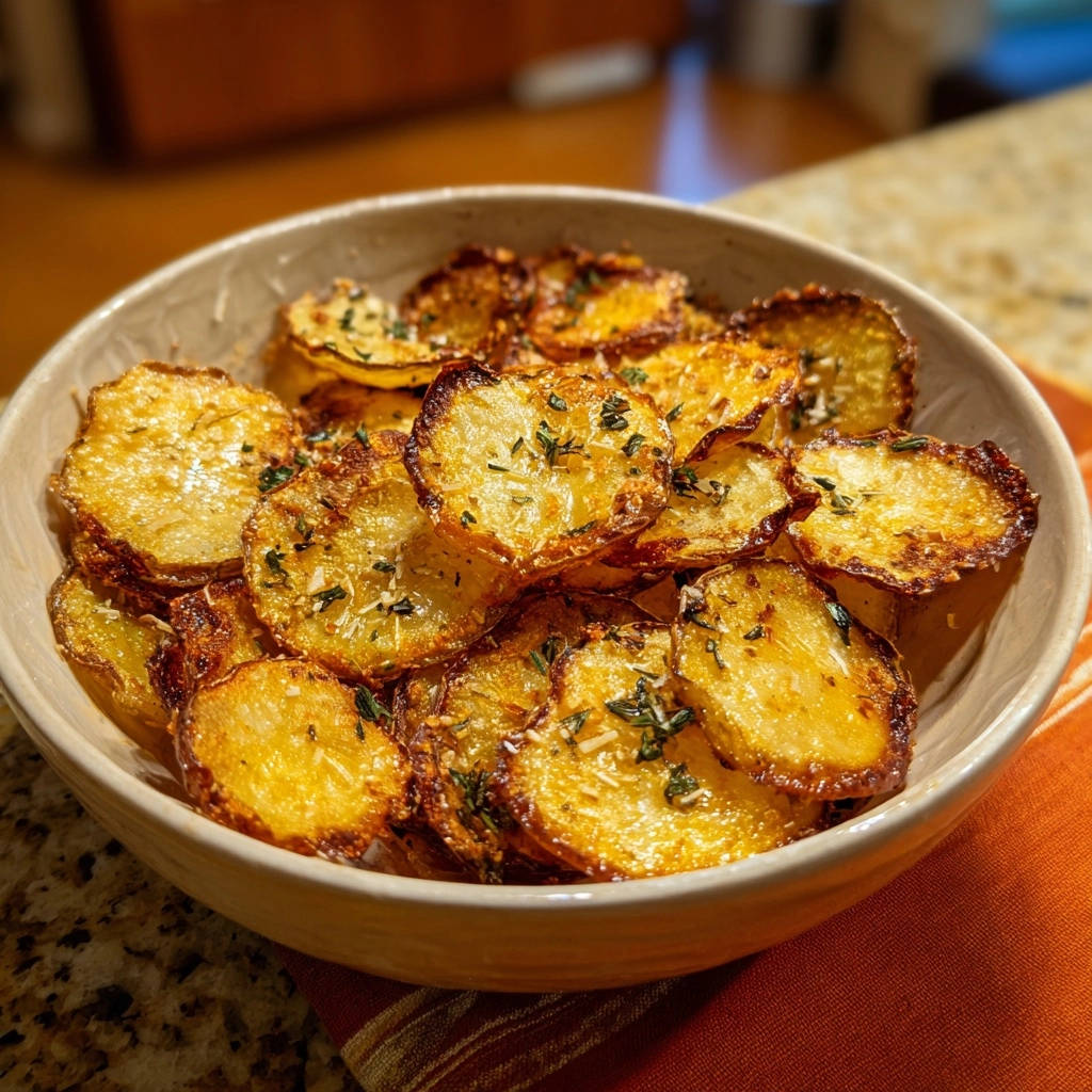 Golden garlic herb crispy potatoes piled high in a bowl, showing a close-up view of their textured surface.