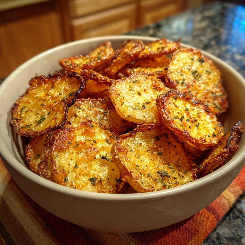 Golden garlic herb crispy potatoes piled high in a rustic bowl, seasoned with herbs and spices.