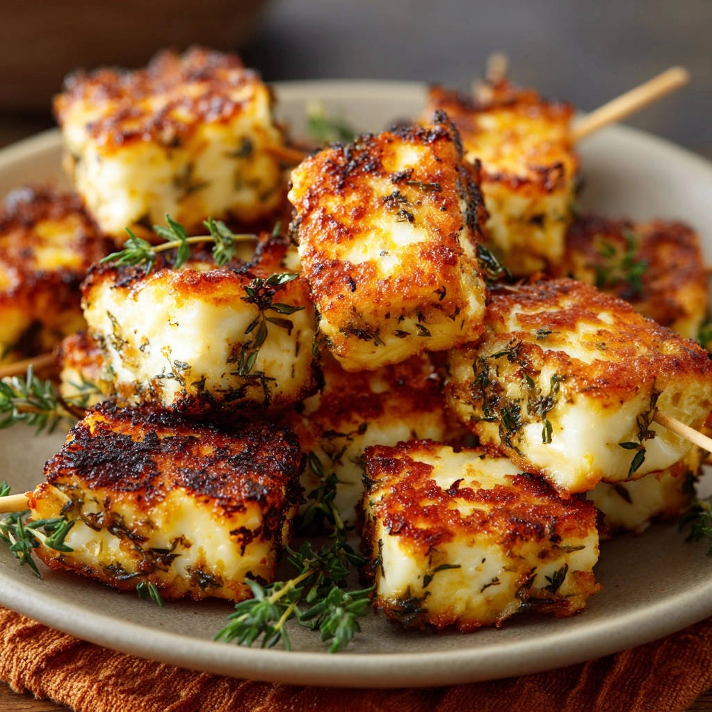 Golden pan-seared cheese skewers with thyme on a plate, showcasing a close-up texture.