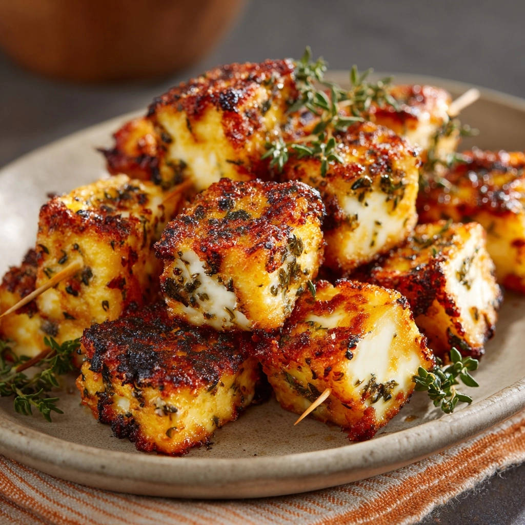 Golden pan-seared cheese skewers with a close-up detail of fresh thyme garnish.