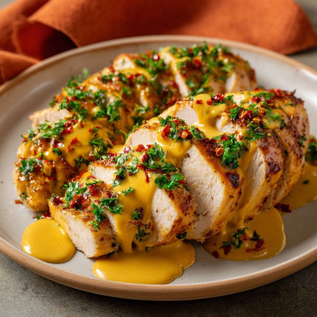 Golden pan-seared chicken breast, sliced and drizzled with a vibrant yellow sauce and garnished with parsley and chili flakes.