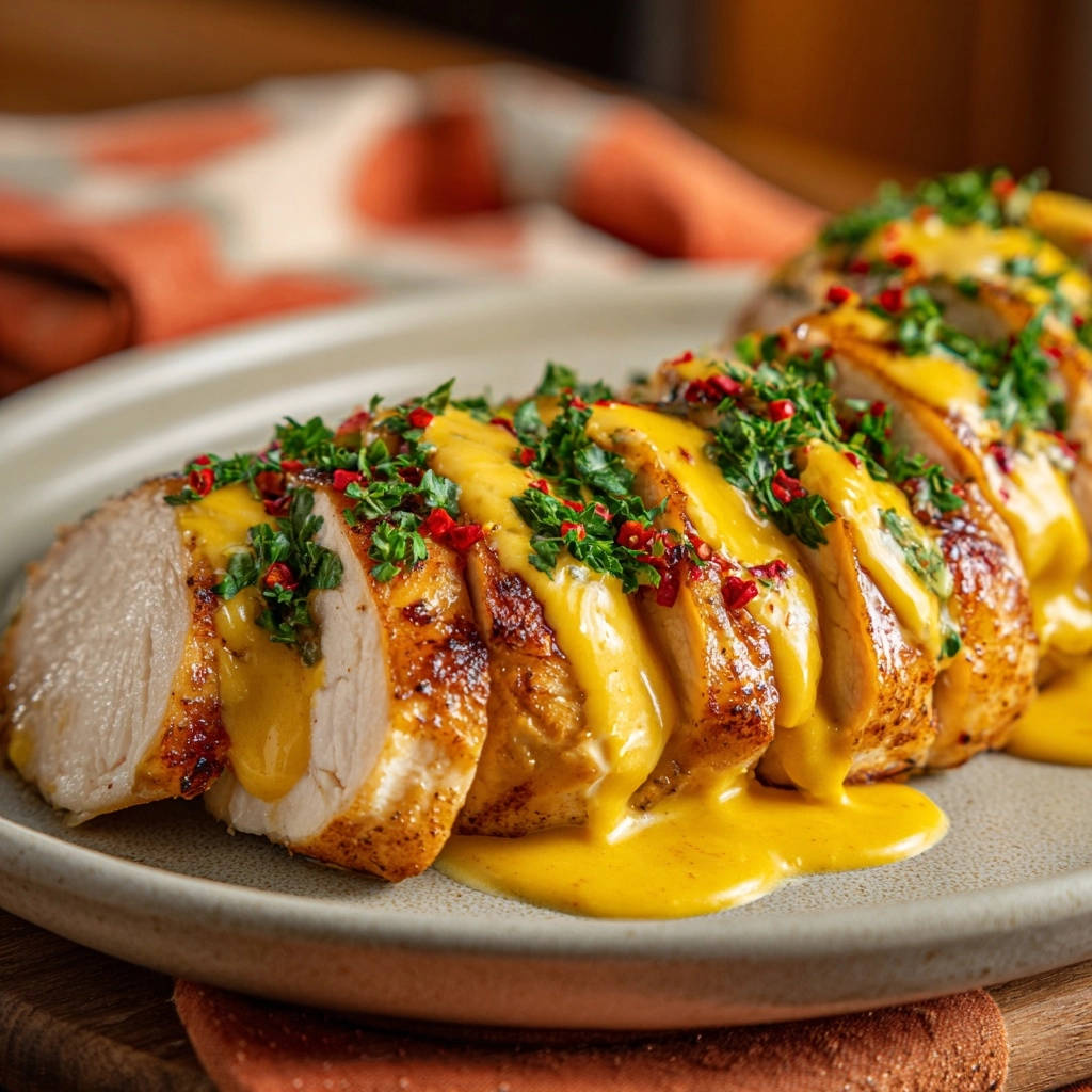 Golden pan-seared chicken breast sliced and topped with a rich sauce and fresh herb garnish.