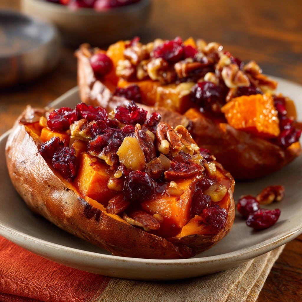 Harvest stuffed sweet potatoes served on a plate, topped with cranberries and nuts, showcasing a close-up view.