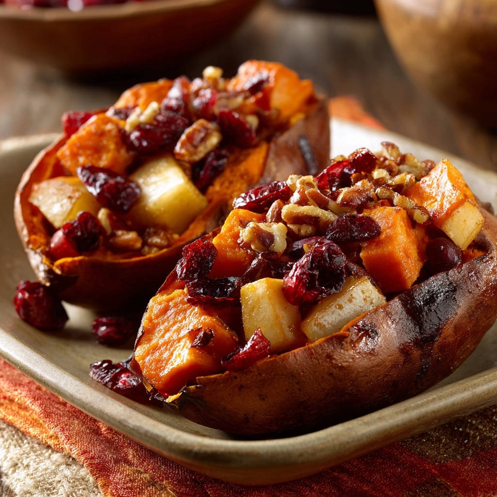 Harvest stuffed sweet potatoes with a close-up view of the creamy filling, cranberries, and nuts.