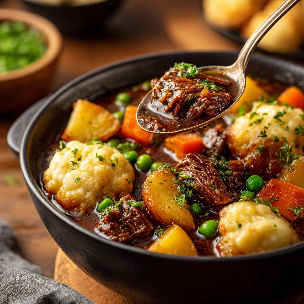 Hearty beef & dumpling stew with a spoonful of tender beef and gravy being lifted from the bowl.