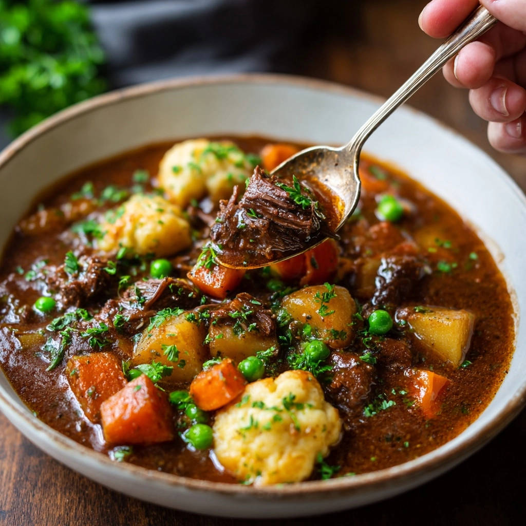 Hearty beef & dumpling stew with a spoonful of tender beef and fluffy dumplings, garnished with parsley.