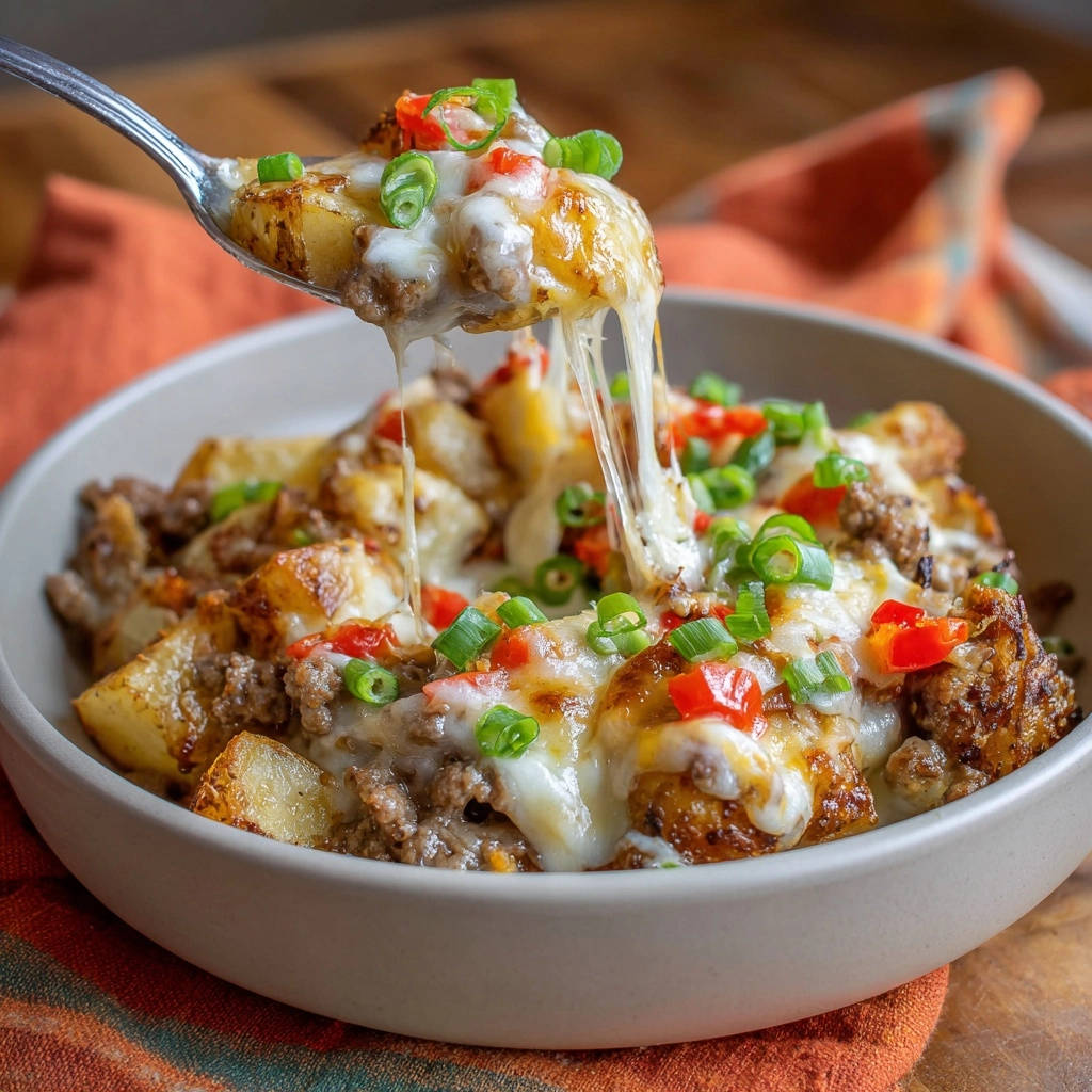 Hearty beef & potato skillet shown with a spoonful being lifted, showcasing a gooey cheese pull and fresh toppings.