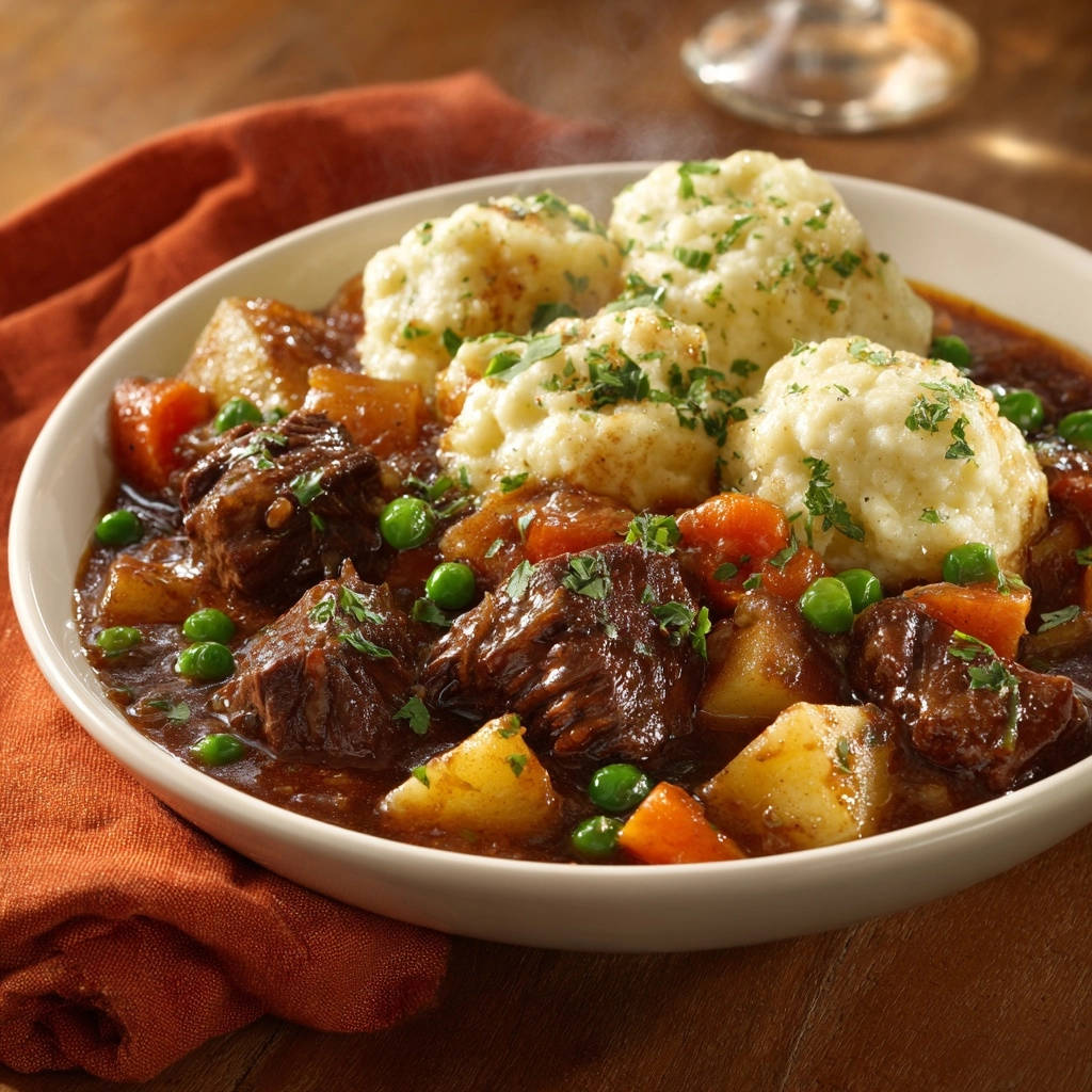 Hearty beef stew with dumplings in a bowl, showing tender beef, carrots, peas, and fluffy dumplings.