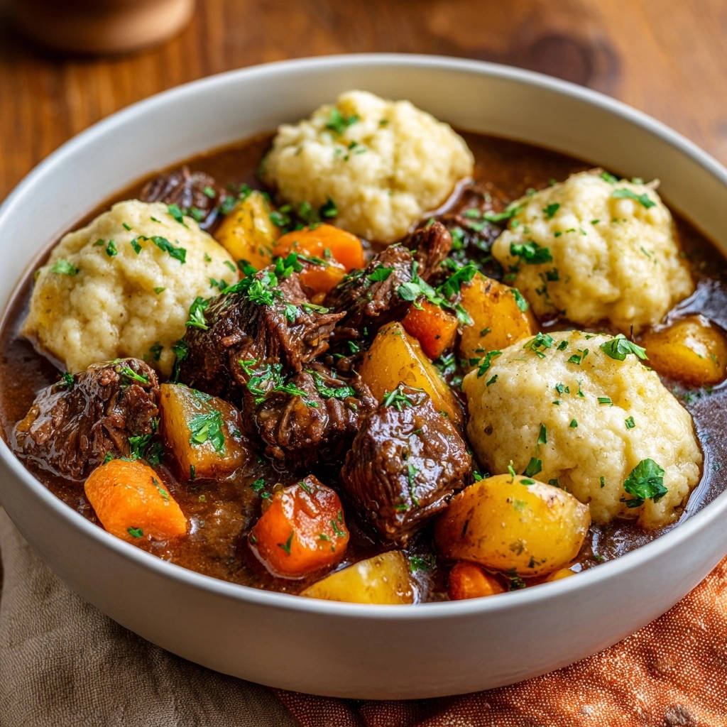 Hearty beef stew with fluffy dumplings presented in a close-up view within a white bowl.