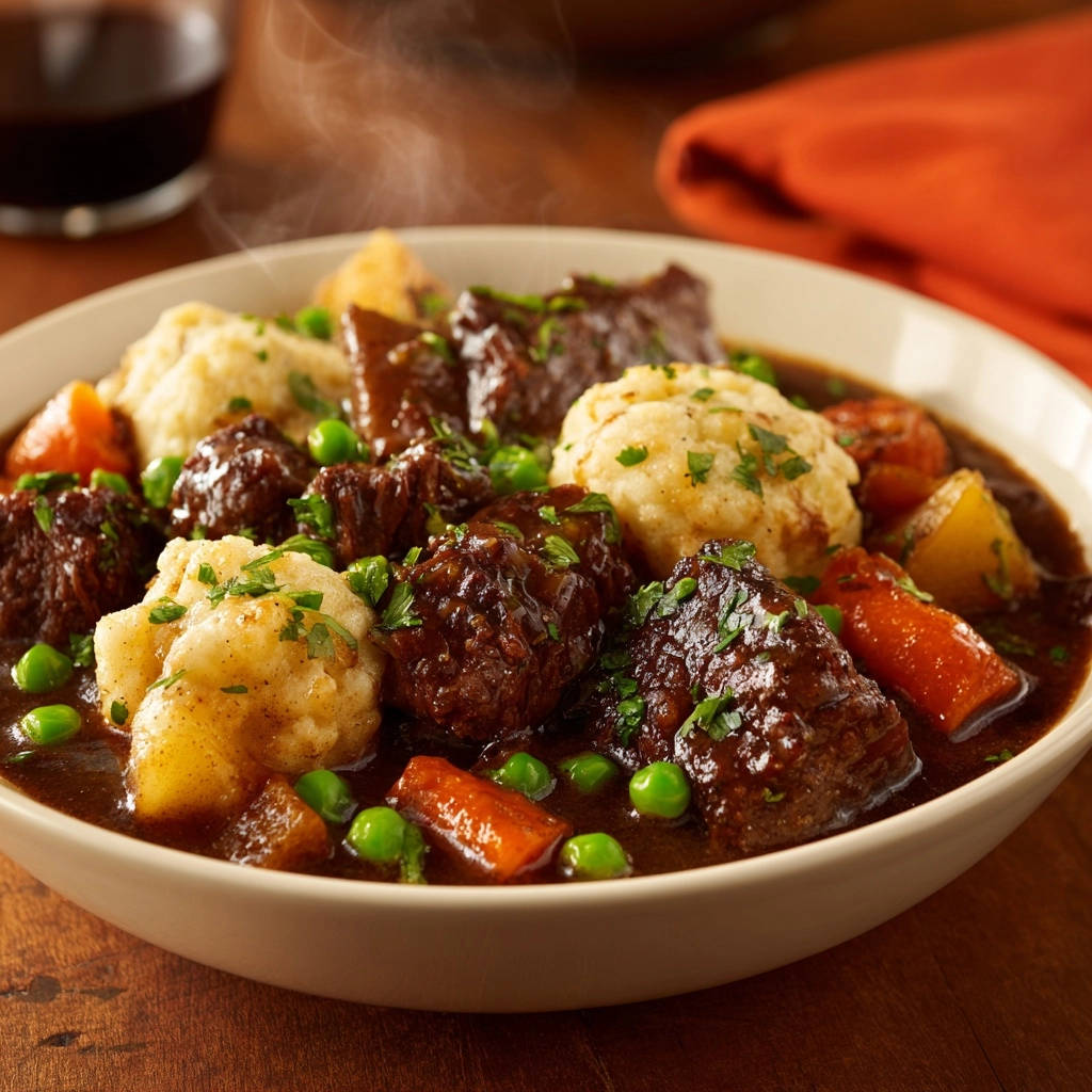 Hearty beef stew with dumplings, showing tender beef, carrots, peas, and fluffy dumplings with rising steam.