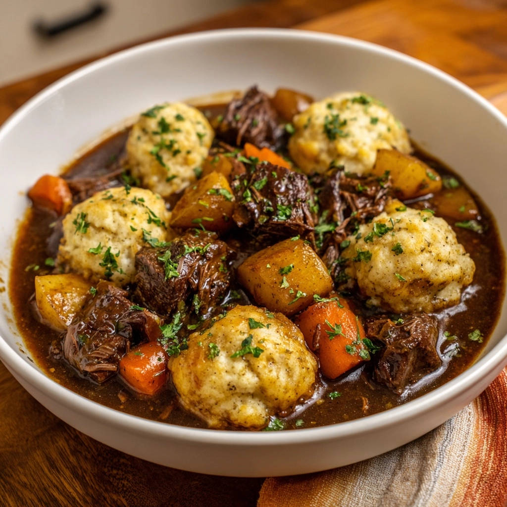 Hearty beef stew with fluffy dumplings, a close-up view of a generous serving in a white bowl.