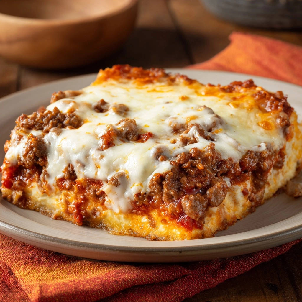 Hearty deep dish meat pie shown in a close-up cross-section, revealing layers of meat and cheese.