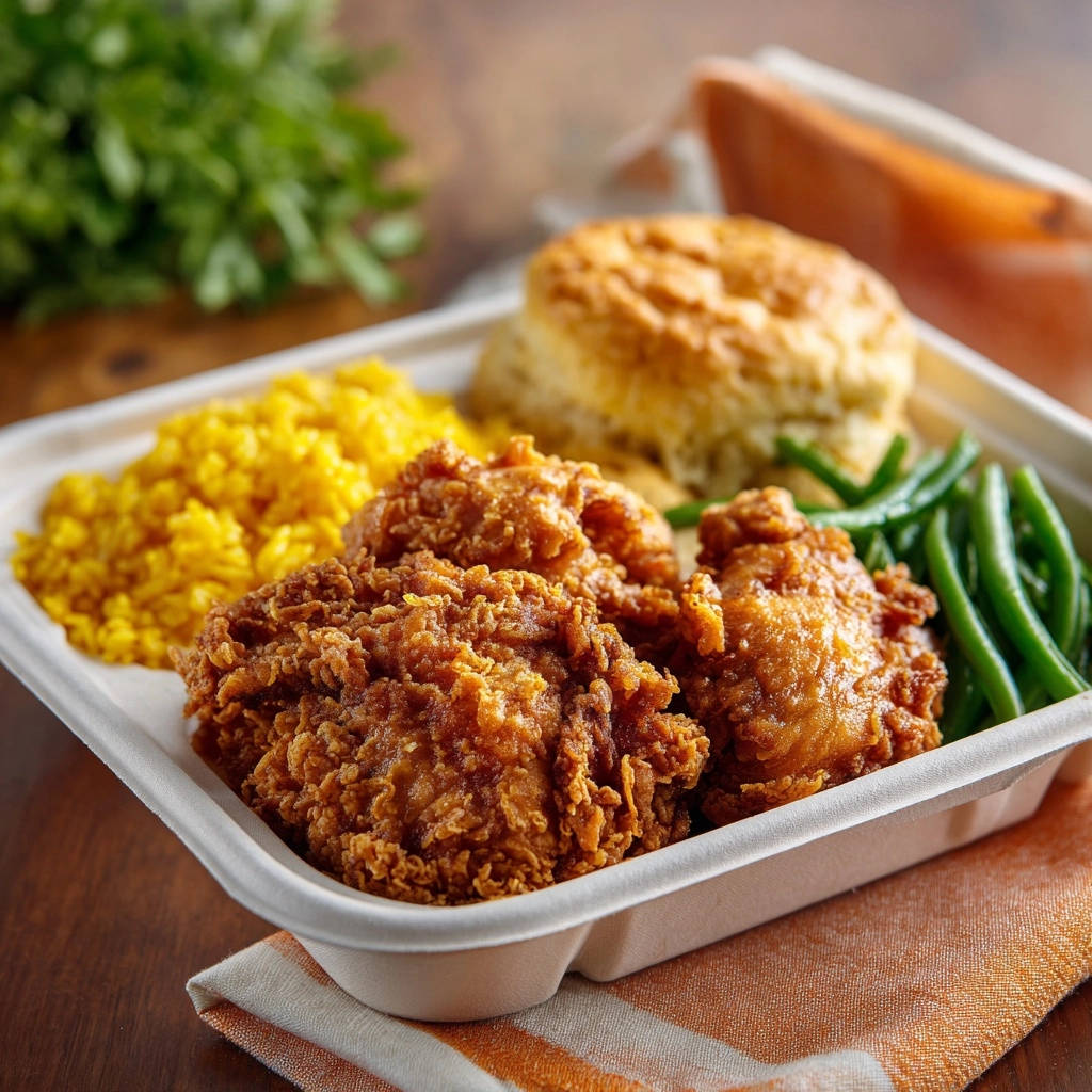 Homestyle fried chicken platter with a close-up view of the crispy chicken, yellow rice, green beans, and a biscuit.