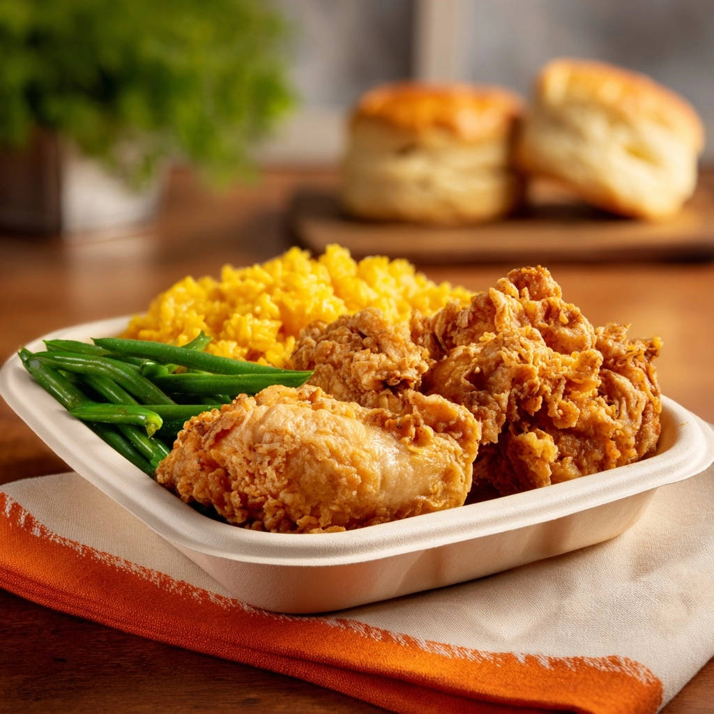 Homestyle fried chicken platter served with yellow rice and green beans, presented in a to-go container.