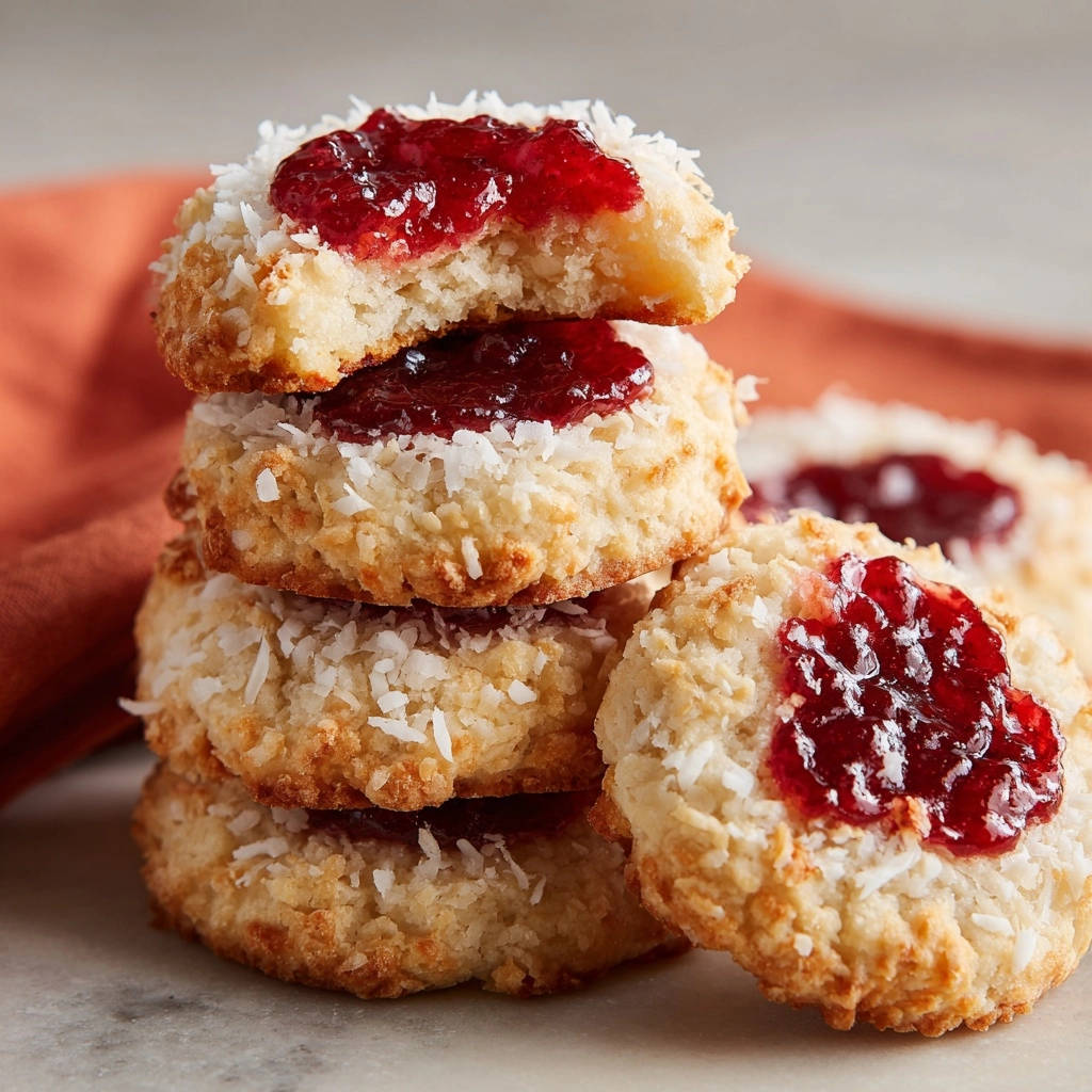 Classic Jam Thumbprint Cookies are stacked high, with the top cookie showing a delicious cross-section with jam and coconut.