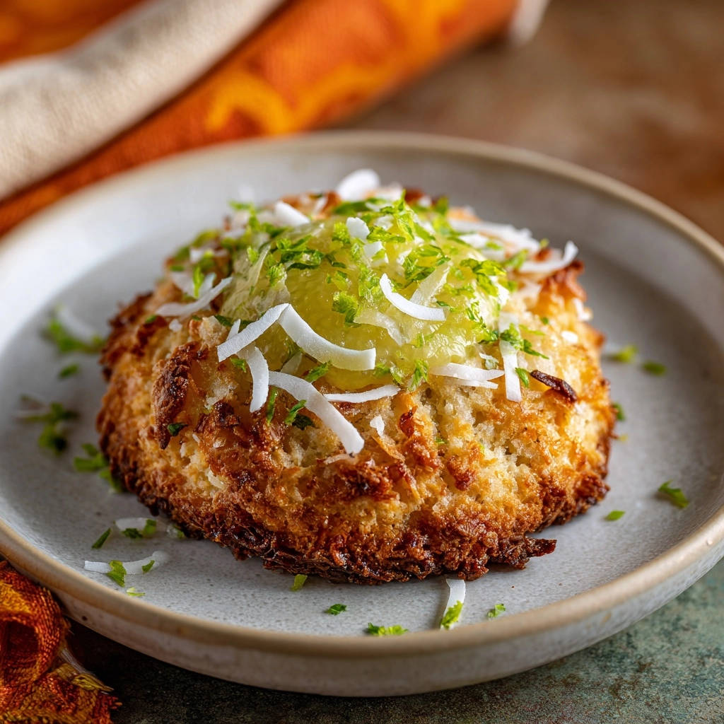 Key lime coconut macaroons plated and garnished with shredded coconut and lime zest, showcasing a close-up view.