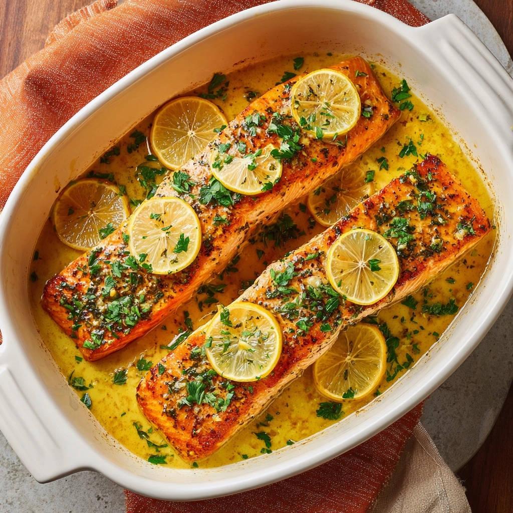 Lemon herb baked salmon in a white ceramic dish, topped with lemon slices and fresh parsley, viewed from directly above.