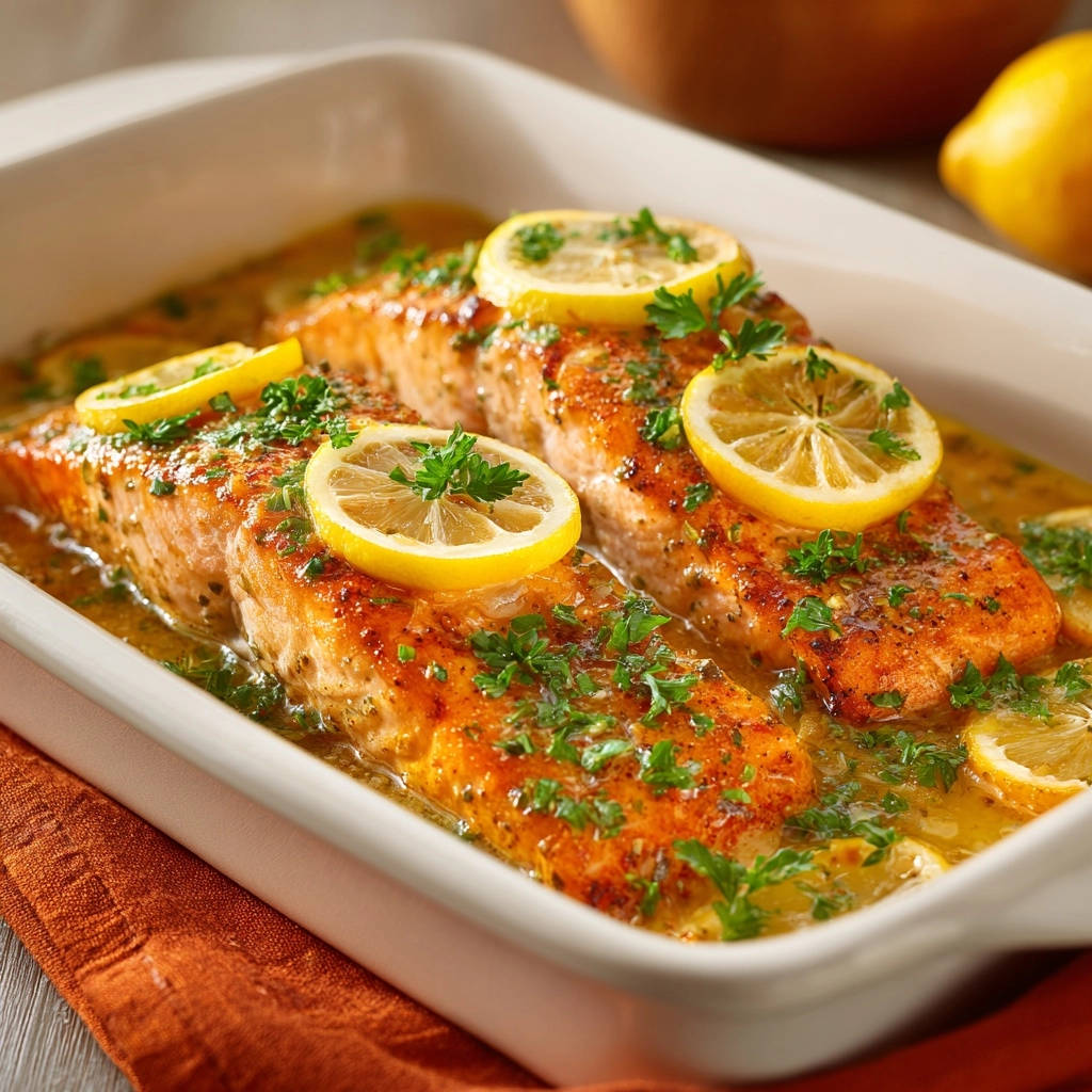 Lemon herb baked salmon fillets glistening in a white baking dish, topped with lemon slices and fresh parsley.