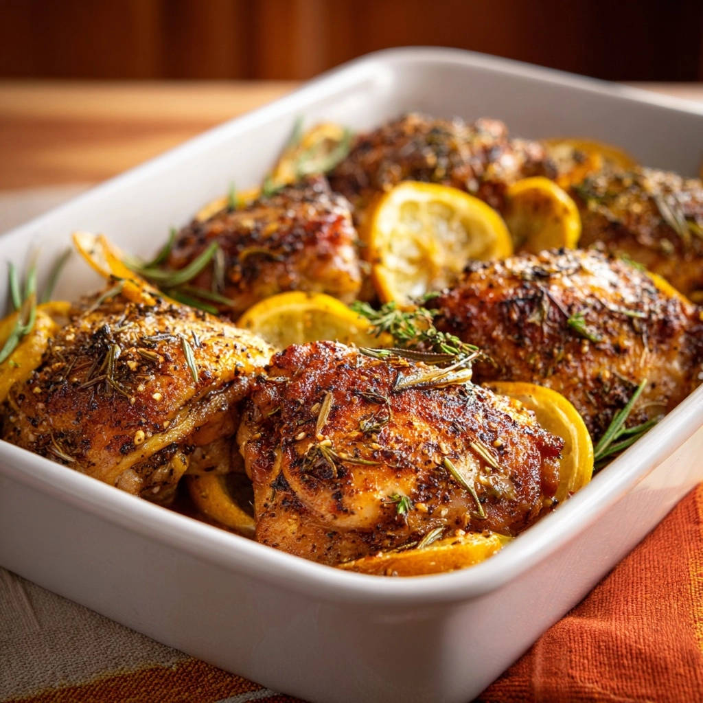 Lemon herb roasted chicken thighs close-up in a white baking dish, garnished with rosemary and lemon slices.