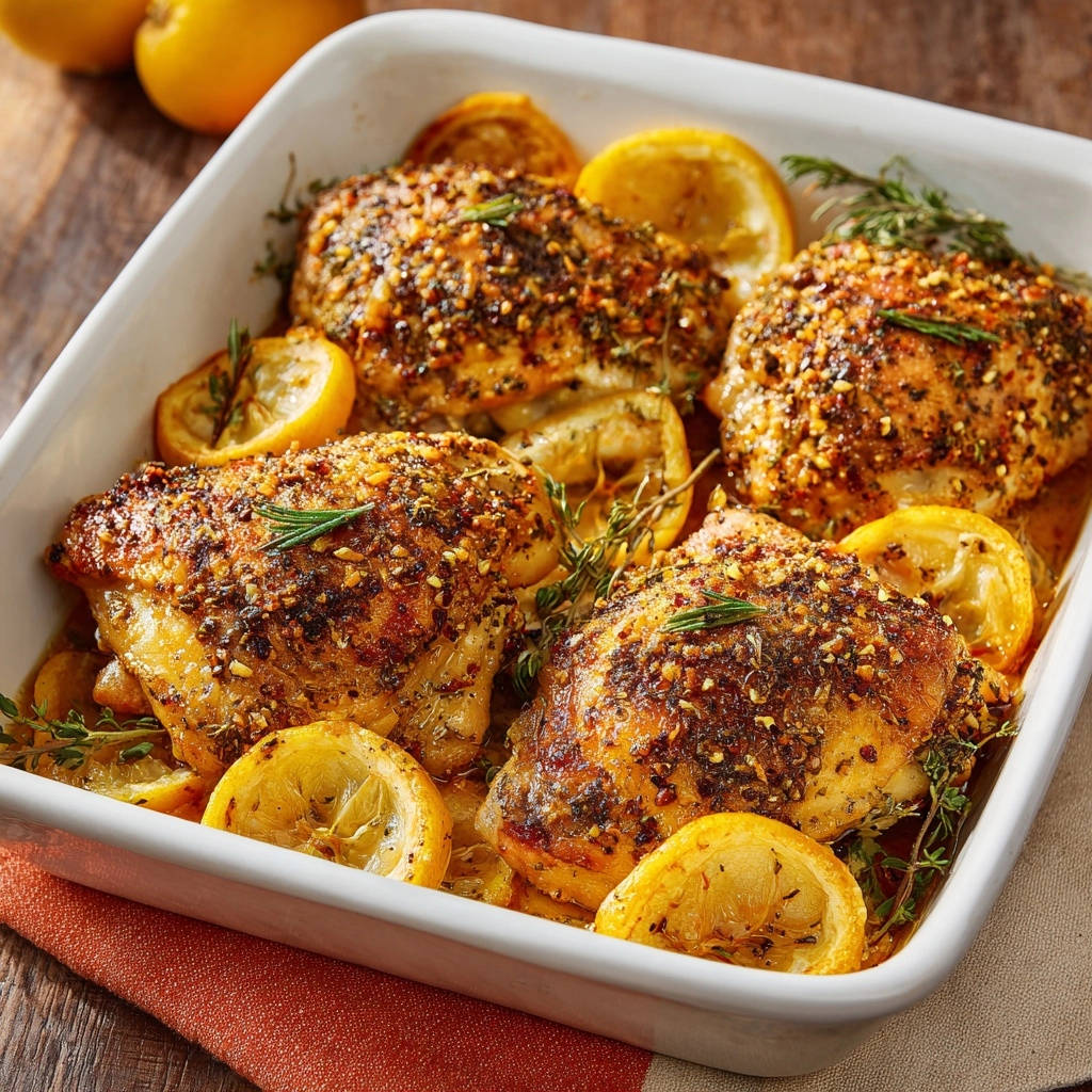 Lemon herb roasted chicken thighs baked with lemon slices and herbs in a white baking dish.