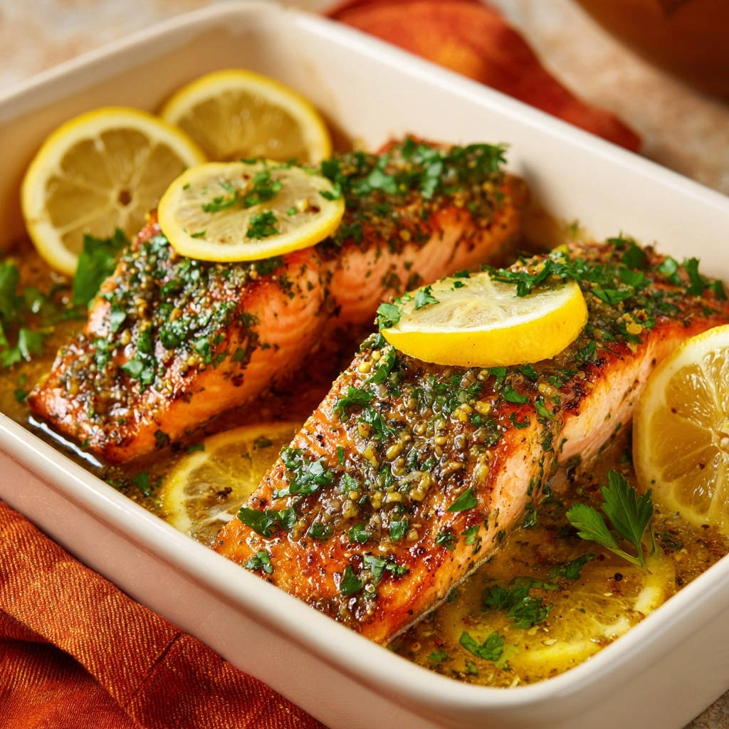 Lemony herb baked salmon, a close-up view of juicy fillets in a baking dish with lemon slices and fresh parsley.