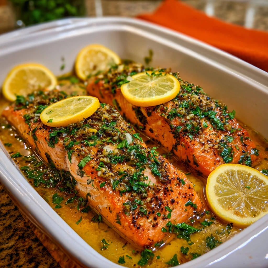 Lemony herb baked salmon topped with fresh lemon slices and a vibrant herb mixture in a white baking dish.