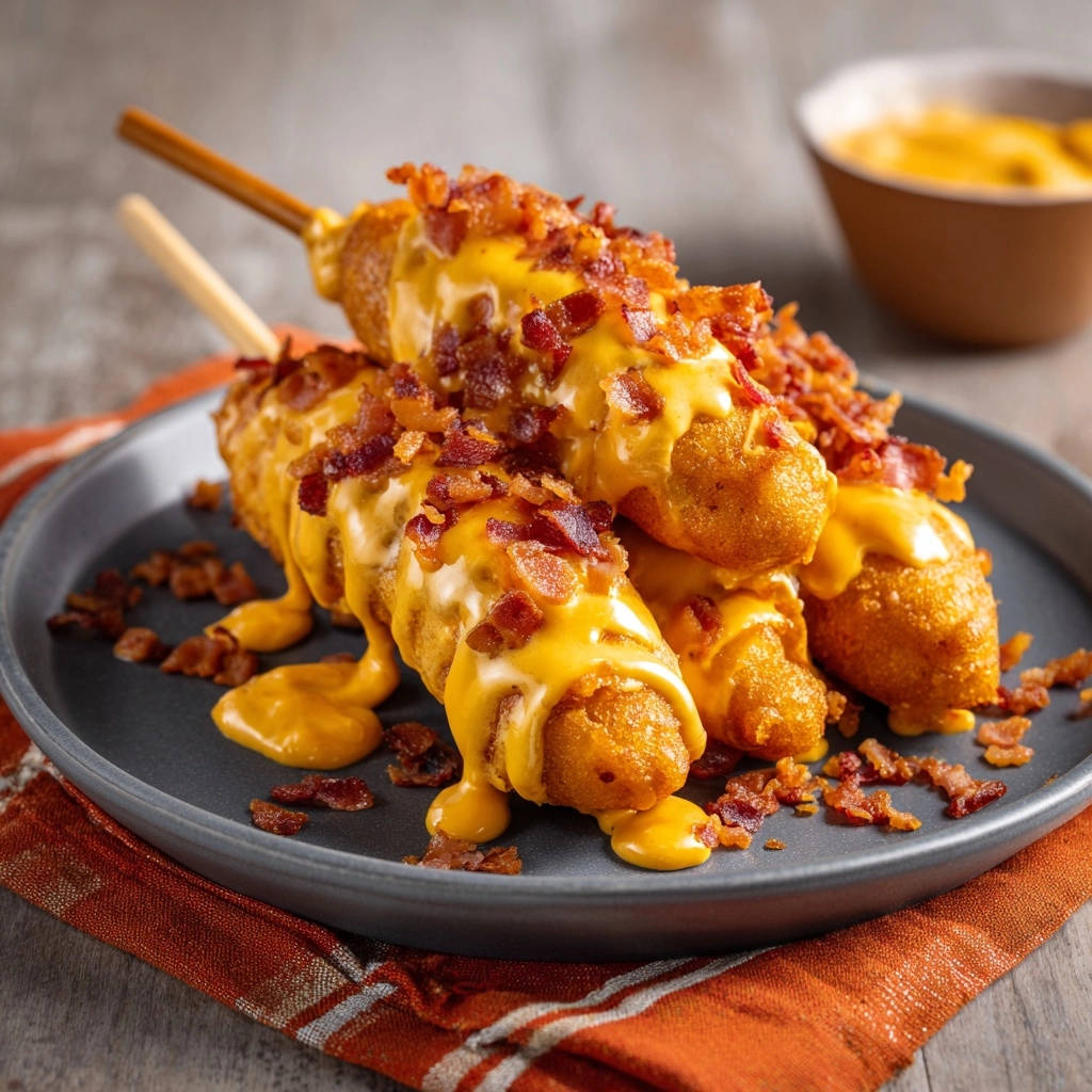 Loaded mini corn dogs topped with melted cheese and crispy bacon pieces, glistening on a plate.