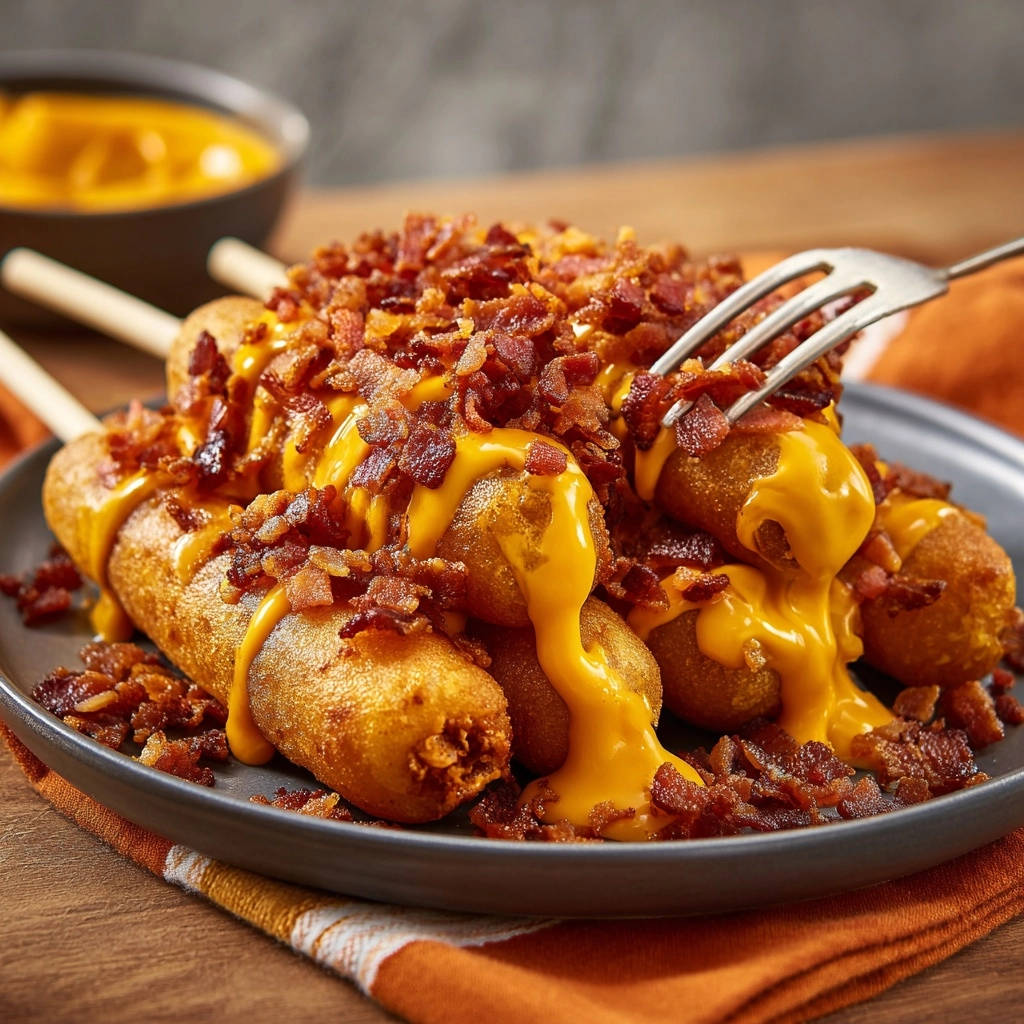 Loaded mini corn dogs with melted cheese and bacon, a fork taking a bite from the plate.