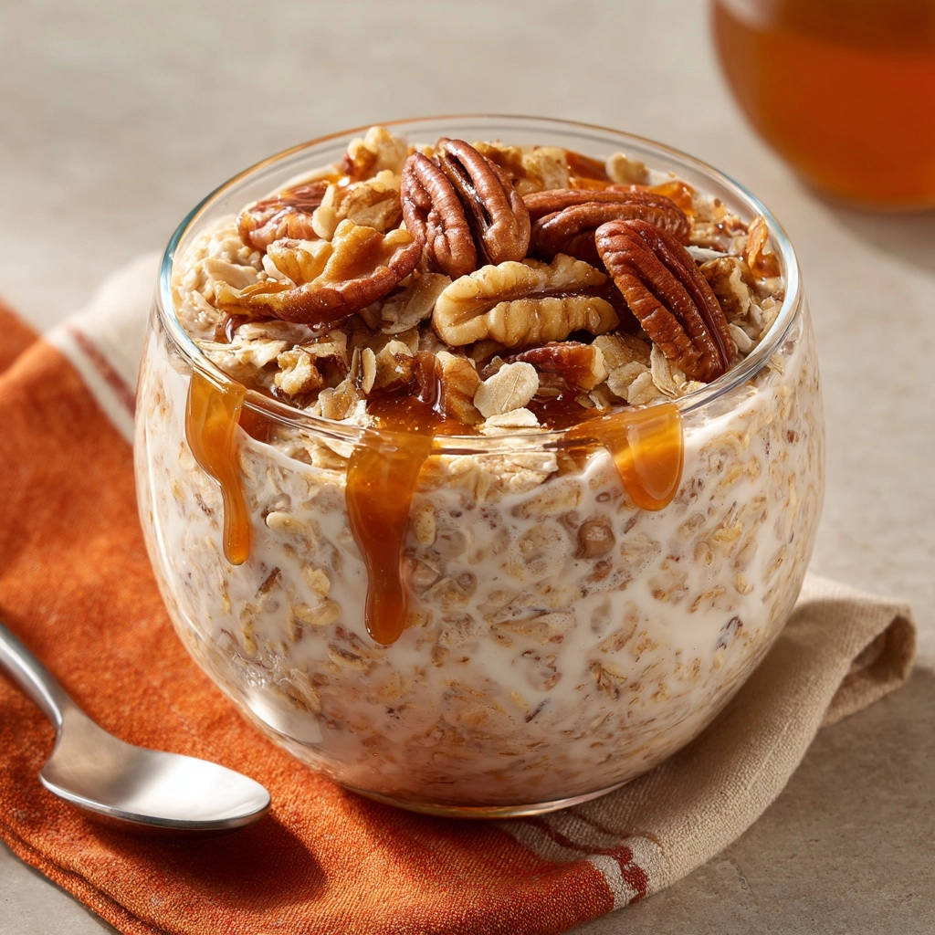 Maple pecan overnight oats with a generous drizzle of caramel sauce and whole pecans on top.