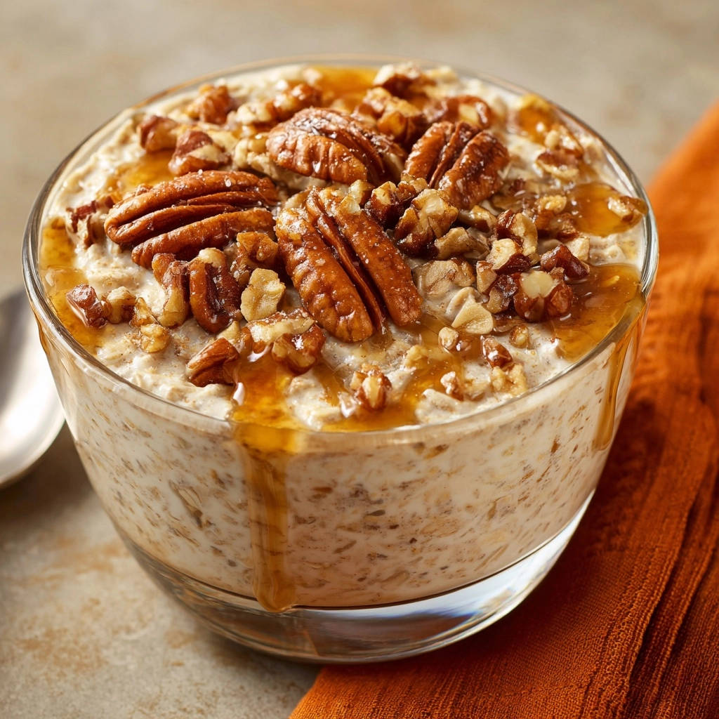 Maple pecan overnight oats drizzled with syrup and topped with whole and chopped pecans in a glass bowl.
