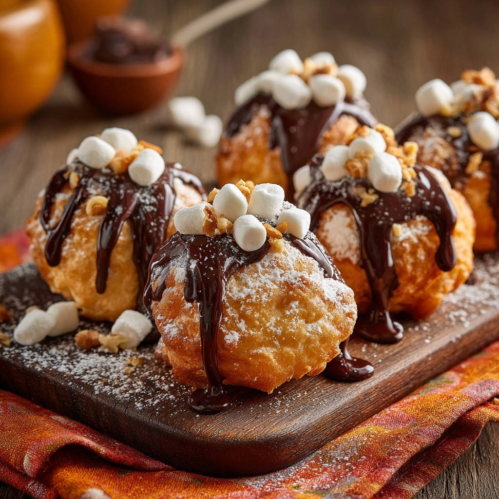 Homemade marshmallow fritters topped with chocolate drizzle, mini marshmallows, and powdered sugar on a wooden board.