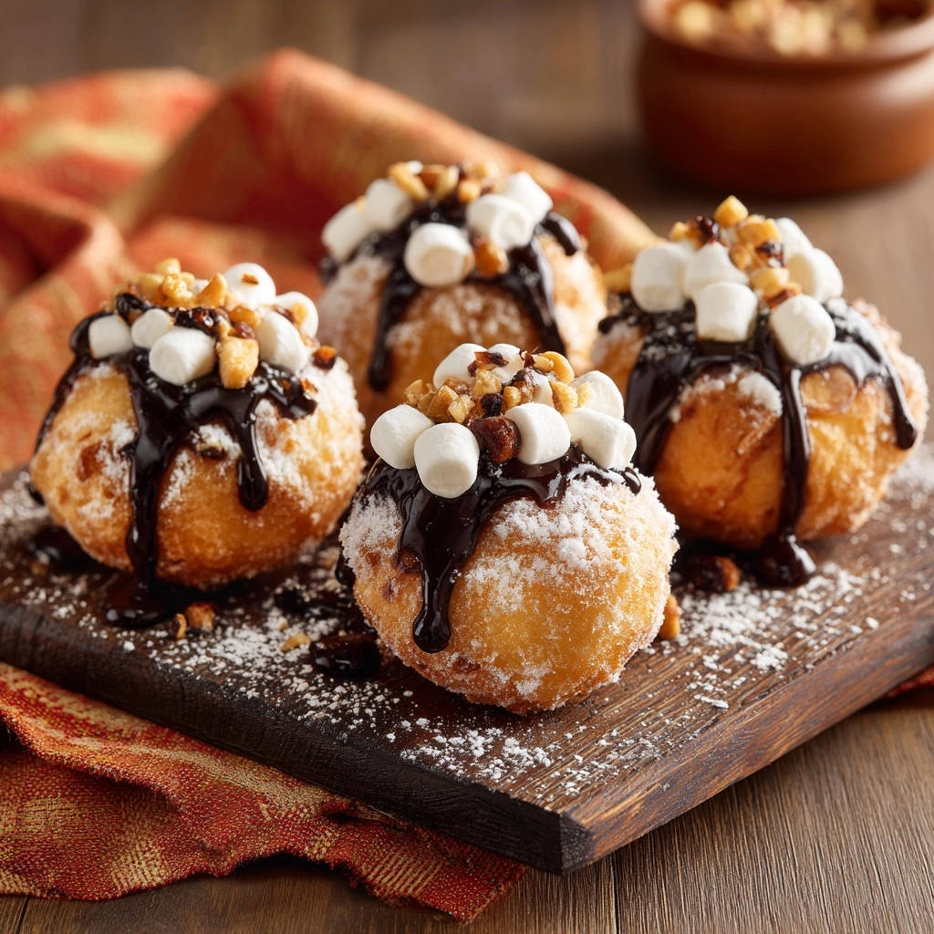 Homemade Marshmallow Fritters drizzled with chocolate sauce and topped with mini marshmallows and nuts on a wooden board.