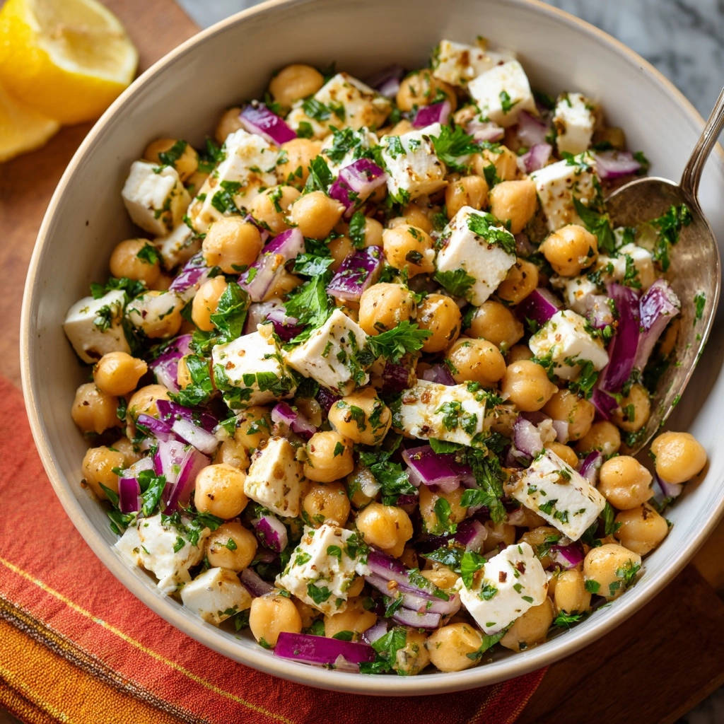 Mediterranean chickpea & feta salad close-up in a bowl with a spoon, featuring fresh parsley and red onion.