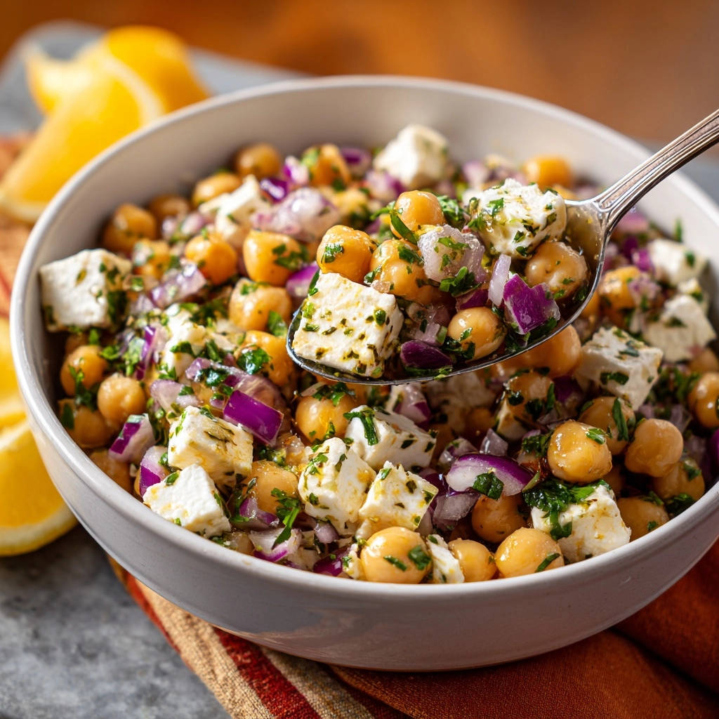 Mediterranean chickpea feta salad shown in a bowl with a spoonful lifted, highlighting the fresh ingredients.