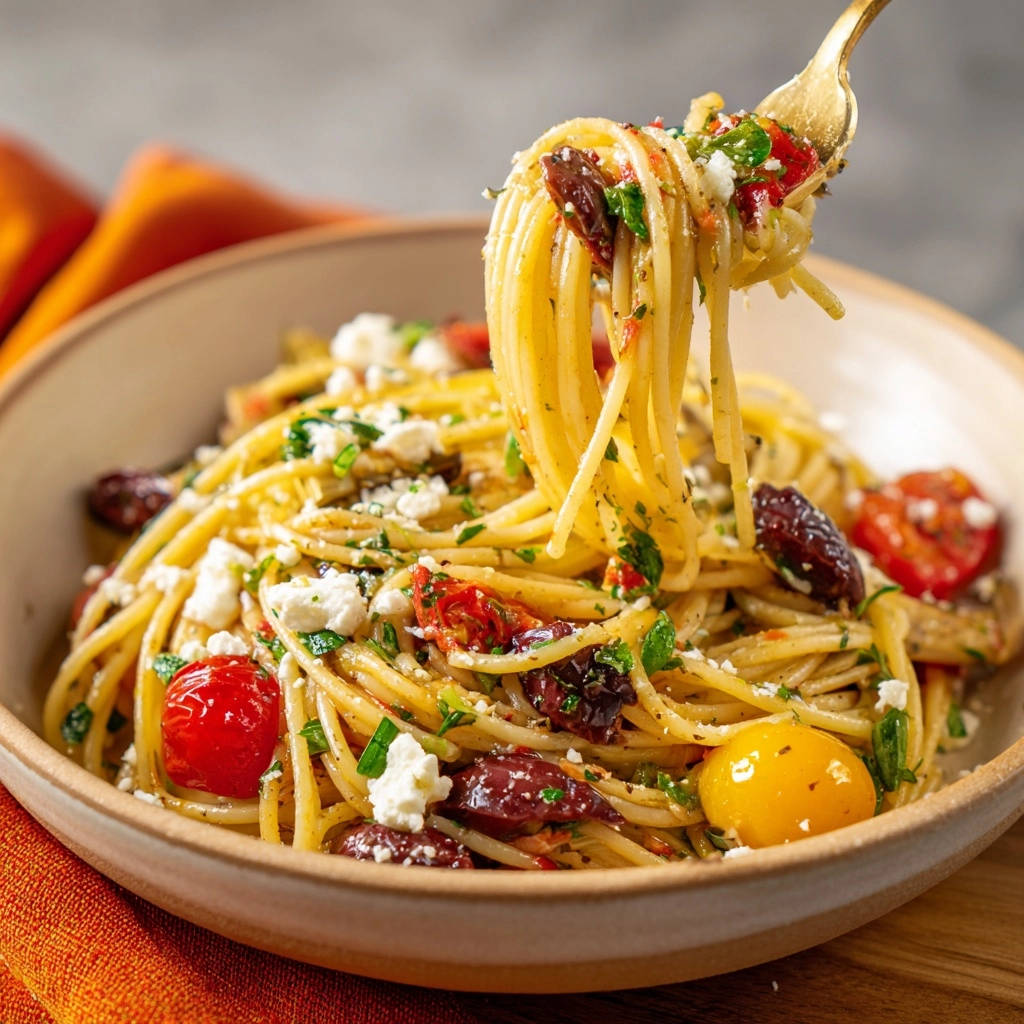 Mediterranean veggie spaghetti with a forkful lifted, showing feta cheese, olives, and tomatoes.