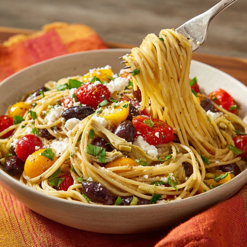 Mediterranean veggie spaghetti with a forkful lifted, showcasing tomatoes, olives, feta, and silky sauce.
