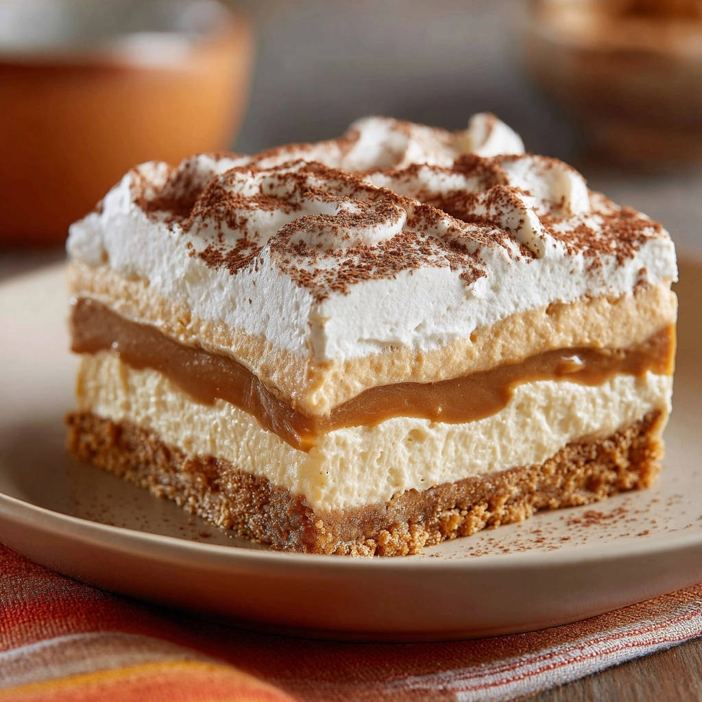 No-bake peanut butter caramel bars shown in a close-up cross-section revealing layers of crust, filling, and whipped topping.