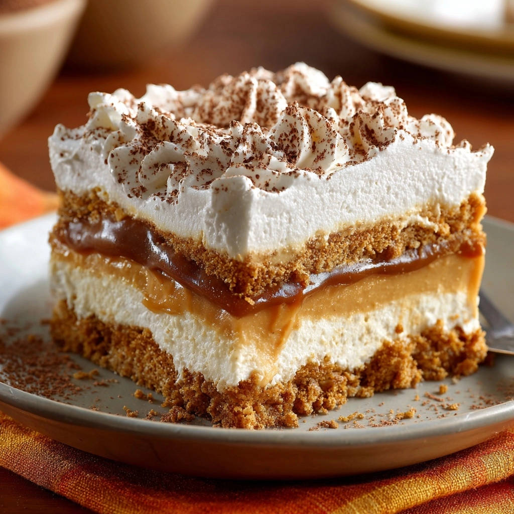 No-bake peanut butter caramel bars shown in a close-up cross-section revealing distinct layers and whipped topping.