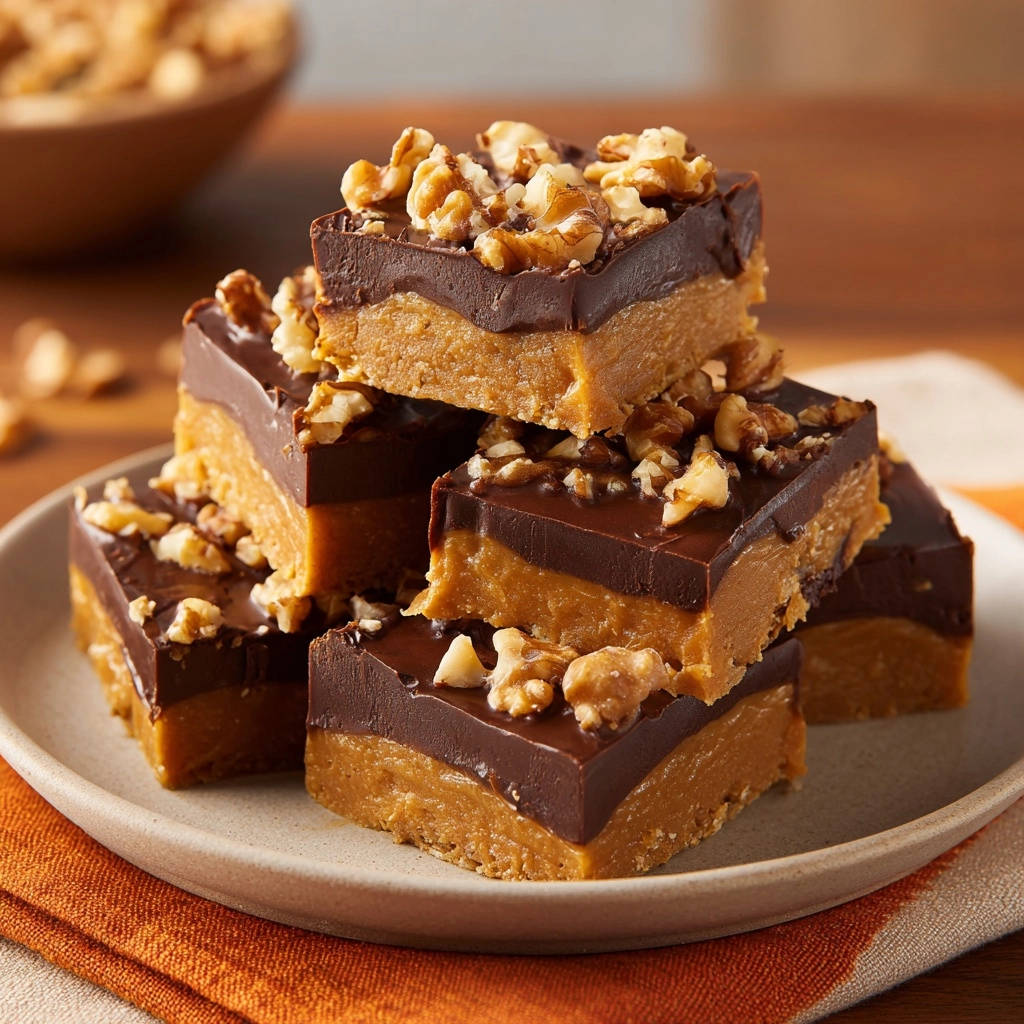 No-bake peanut butter chocolate walnut bars stacked on a plate, showing a close-up view of the layers and chopped walnuts.