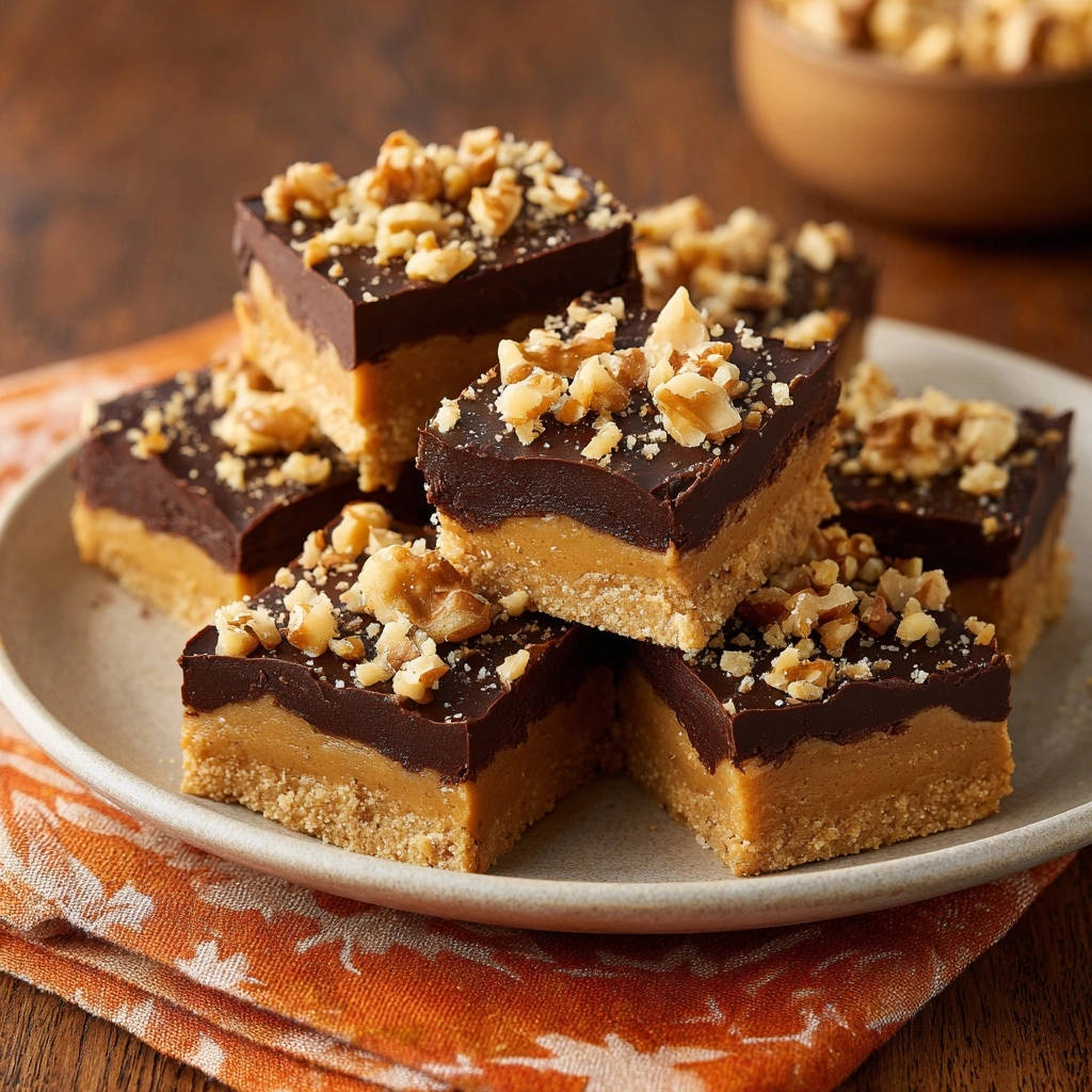 No-bake peanut butter chocolate walnut bars stacked on a plate, topped with chopped walnuts.